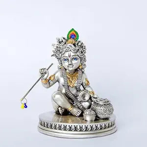 Bal Krishna Silver Plated Idol | Laddu Gopal Murti for Pooja & Decor (3 Inch)