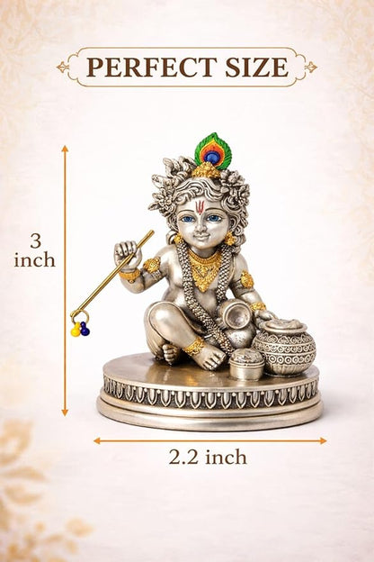 Bal Krishna Silver Plated Idol | Laddu Gopal Murti for Pooja & Decor (3 Inch)