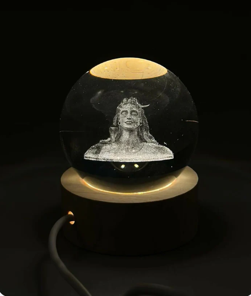 3D Crystal Glass Shiva Sculpture LED Night Lamp with Wooden Base