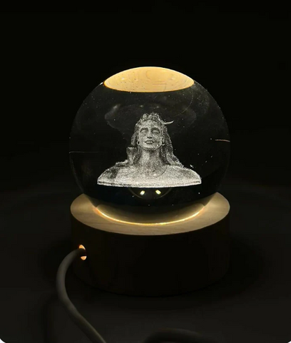 3D Crystal Glass Shiva Sculpture LED Night Lamp with Wooden Base