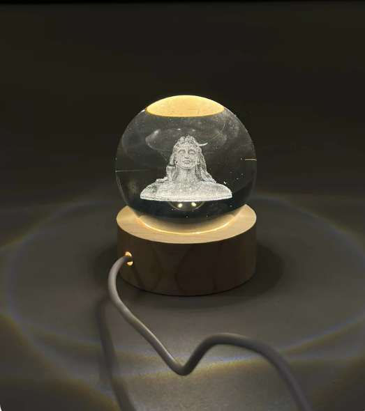 3D Crystal Glass Shiva Sculpture LED Night Lamp with Wooden Base