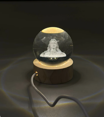 3D Crystal Glass Shiva Sculpture LED Night Lamp with Wooden Base