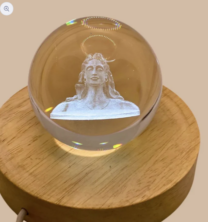 3D Crystal Glass Shiva Sculpture LED Night Lamp with Wooden Base