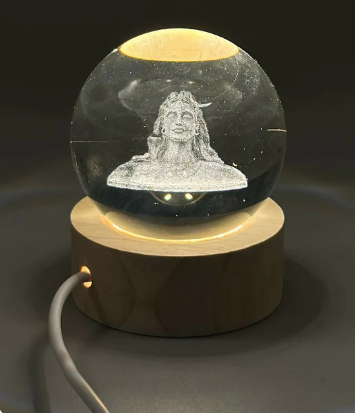 3D Crystal Glass Shiva Sculpture LED Night Lamp with Wooden Base