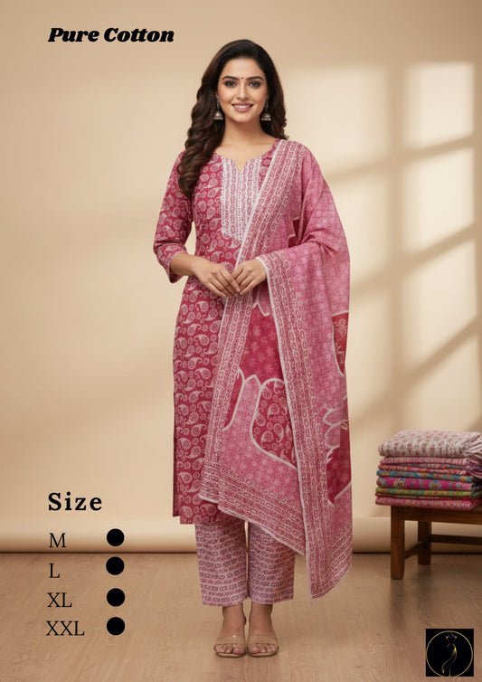 Pure Cotton Pink Kurti Set for Women | Stylish Ethnic Wear with Dupatta (M-XXL)