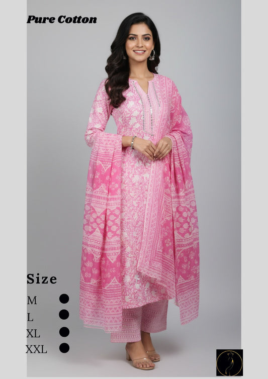 Pure Cotton Pink Kurti Set for Women | Stylish Ethnic Wear with Dupatta (M-XXL)